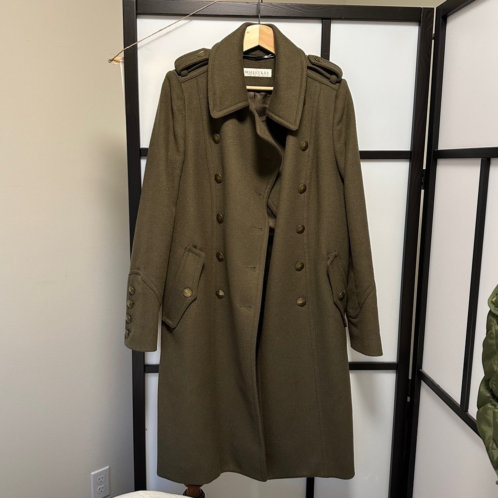 Whistles Olive Green Double Breasted 100% Wool Coat Womens M UK 14 EU 42 US 10
